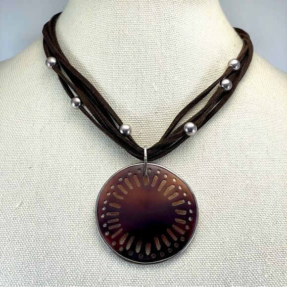 Retired Silpada brown suede silver beaded necklace with carved pen shell pendant - Picture 1 of 9